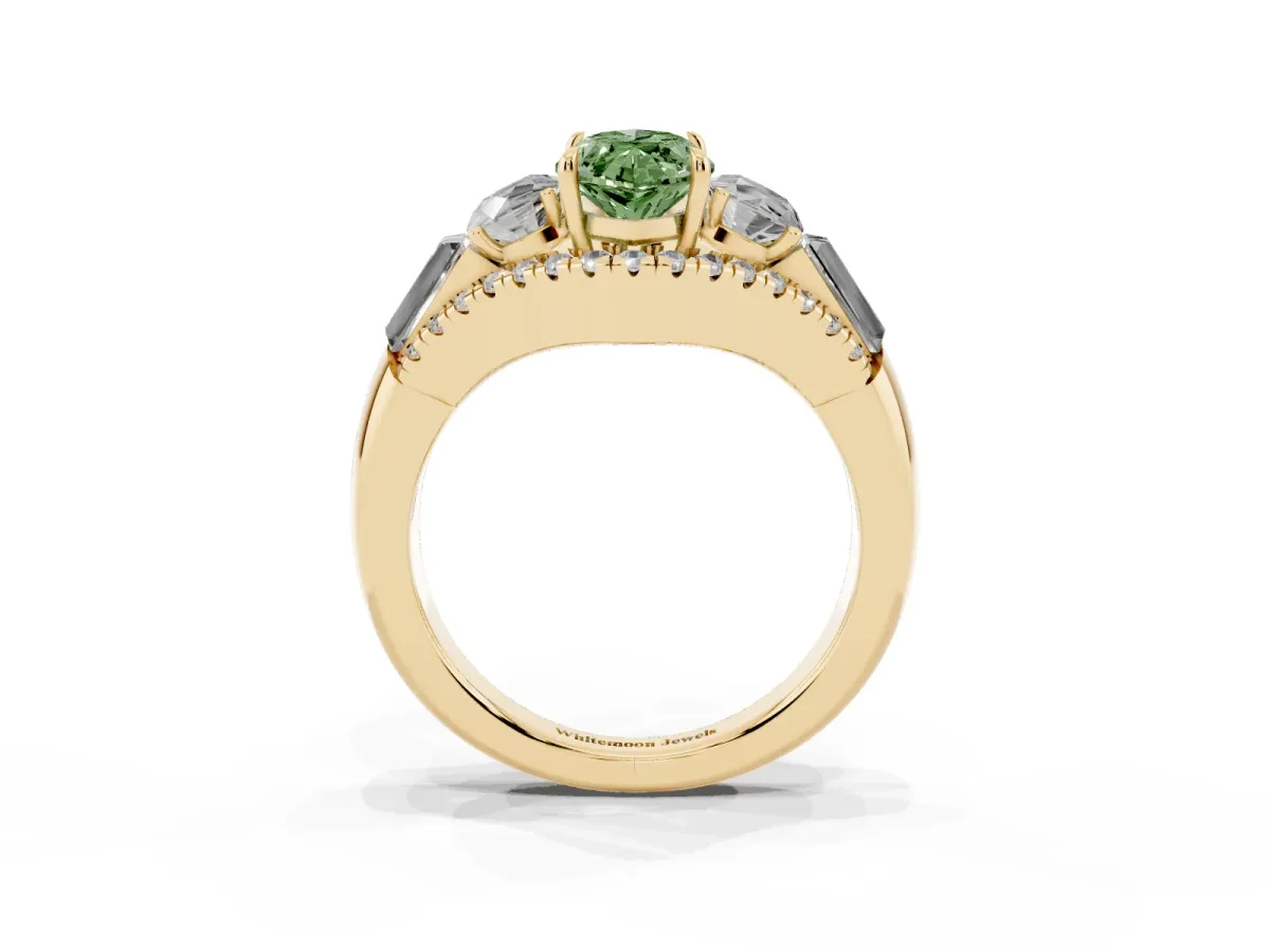 Fancy Green Three-Stone Marquise Cut Diamond Engagement Ring with Pave Band and Prong Setting Yellow gold
