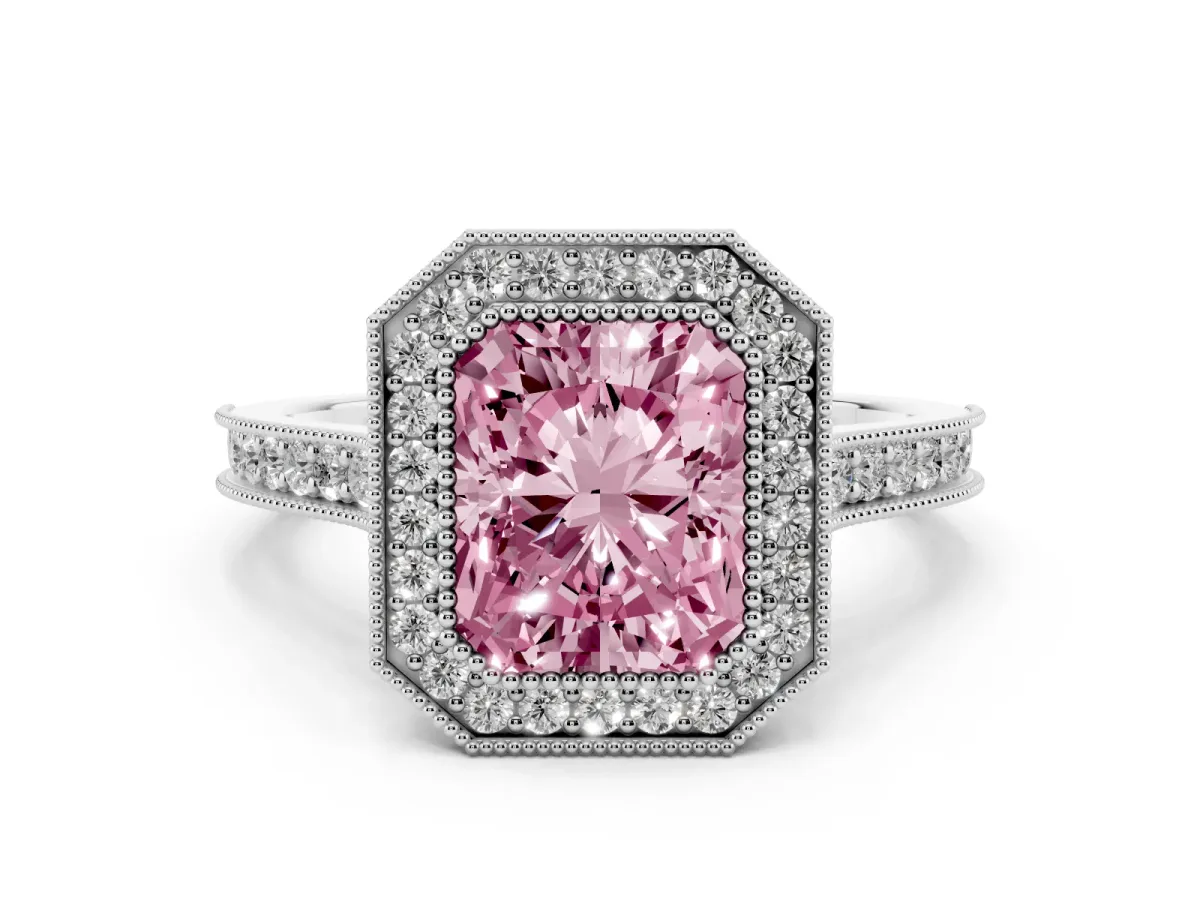 Fancy Pink Halo Radiant Cut-Cut Diamond Pave Band Milgrain Prong Setting Ring Silver