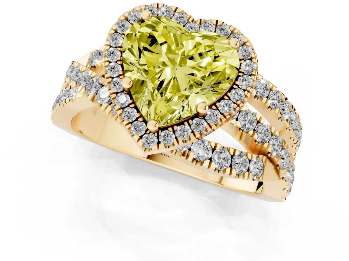 Fancy Yellow Heart Cut Diamond Halo Ring with Round Split Shank and Prong Setting Yellow gold