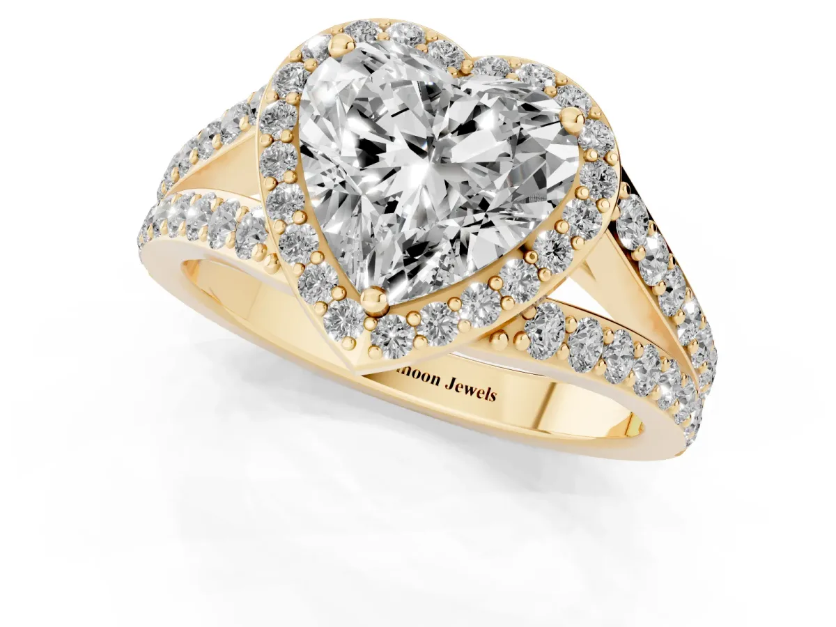 Heart Cut Diamond Split Shank Halo Ring with Four-Prong Setting Yellow gold