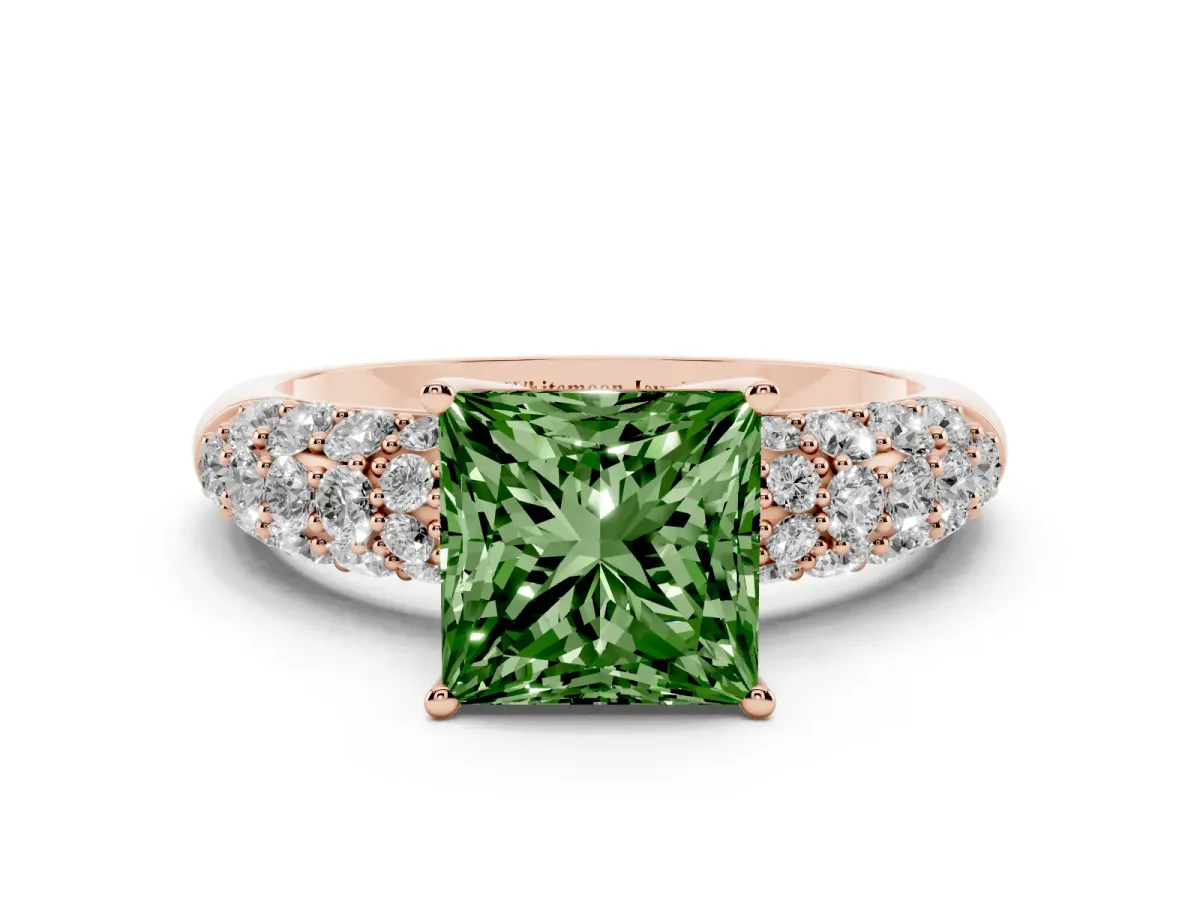 Fancy Green Princess Cut Diamond Pavé Band Solitaire Ring with Four-Prong Setting Rose gold