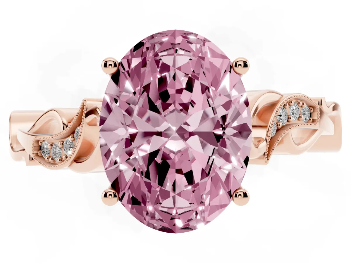Fancy Pink Oval Cut Solitaire Vine Band with Milgrain Prong Setting Rose gold