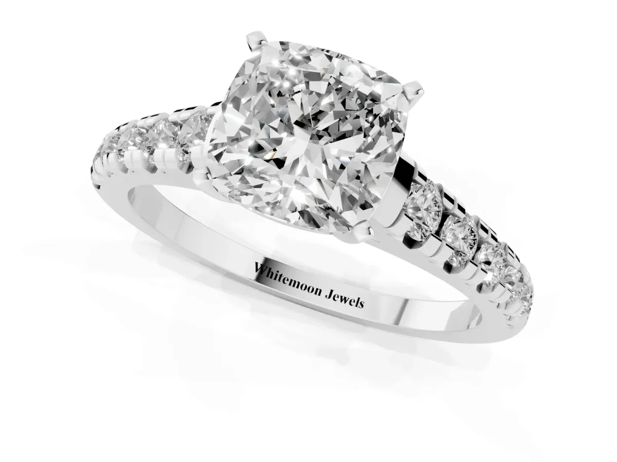 Cushion Cut Diamond Cathedral Solitaire Ring with Round Pavé Band Platinum