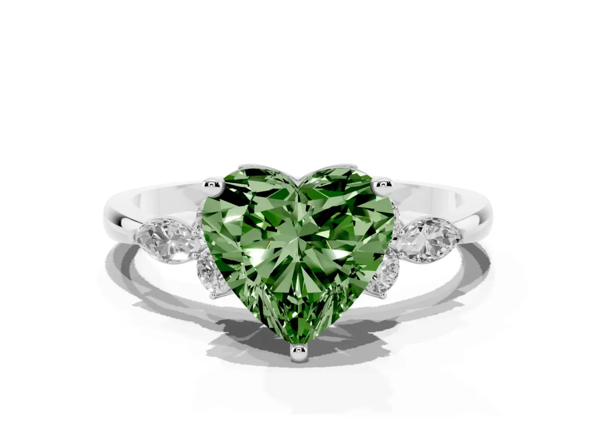 Fancy Green Heart Cut Brilliant Diamond Solitaire Ring with Pear Side Stones and Four-Prong Setting Silver