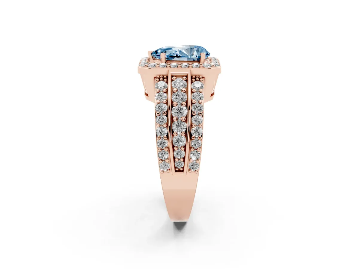Fancy Blue Pear Cut Halo Diamond Ring with Round Split Shank and Prong Setting Rose gold