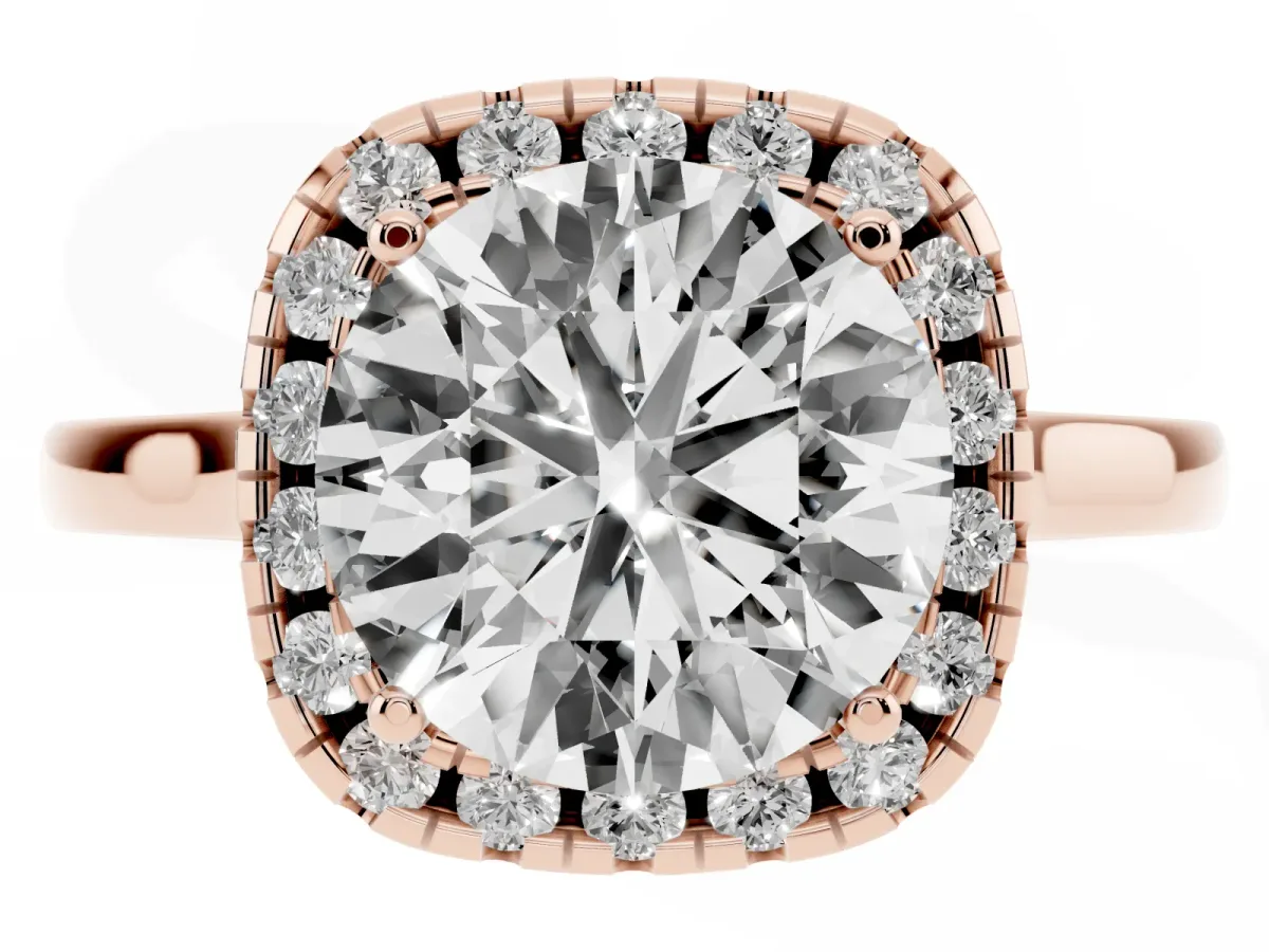 Round Cut Halo Round Diamond Solitaire Ring with Pavé Band and Four-Prong Setting Rose gold