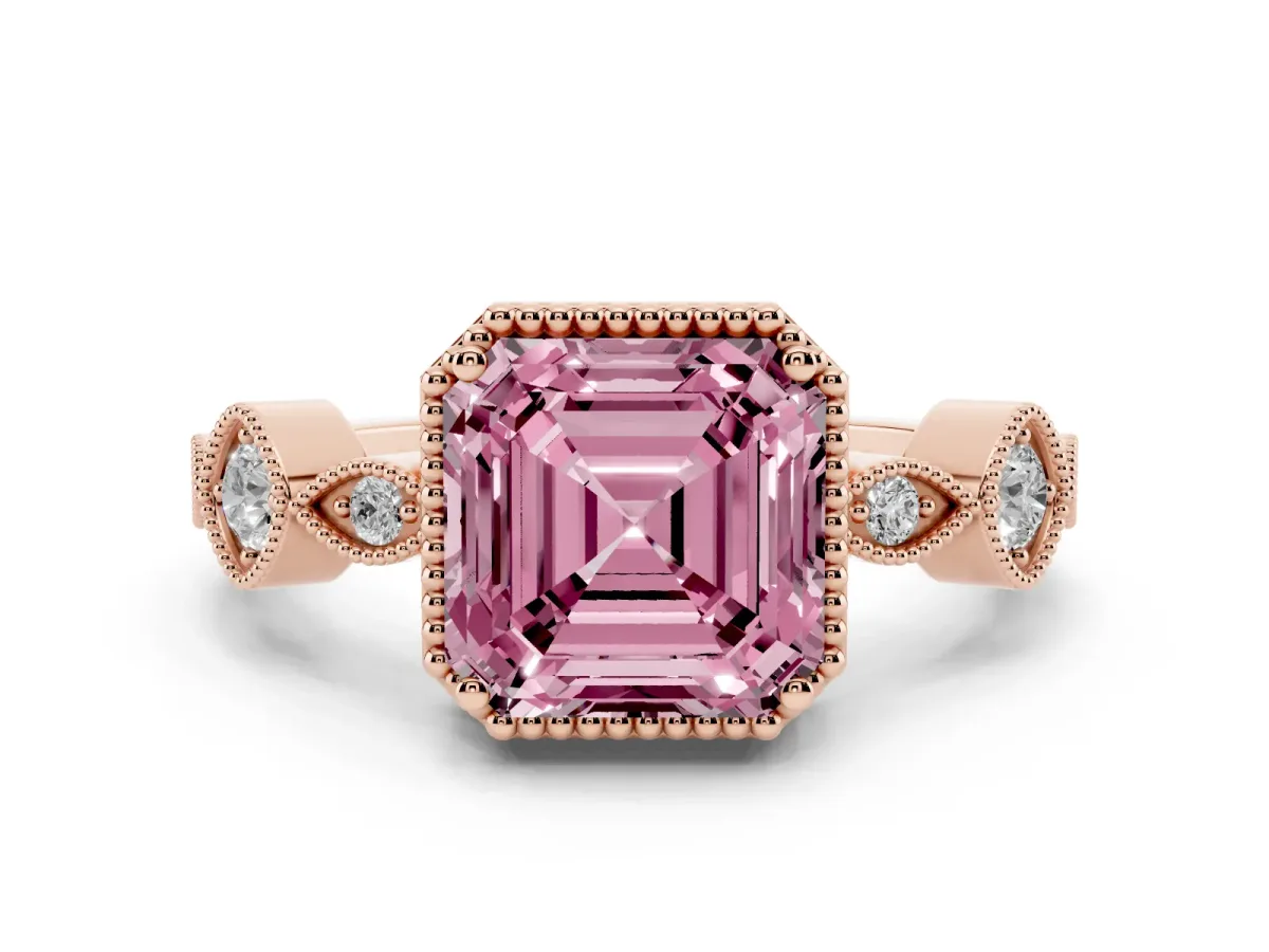 Fancy Pink Asscher Cut Diamond Vintage Milgrain Ring with Round Stations Rose gold