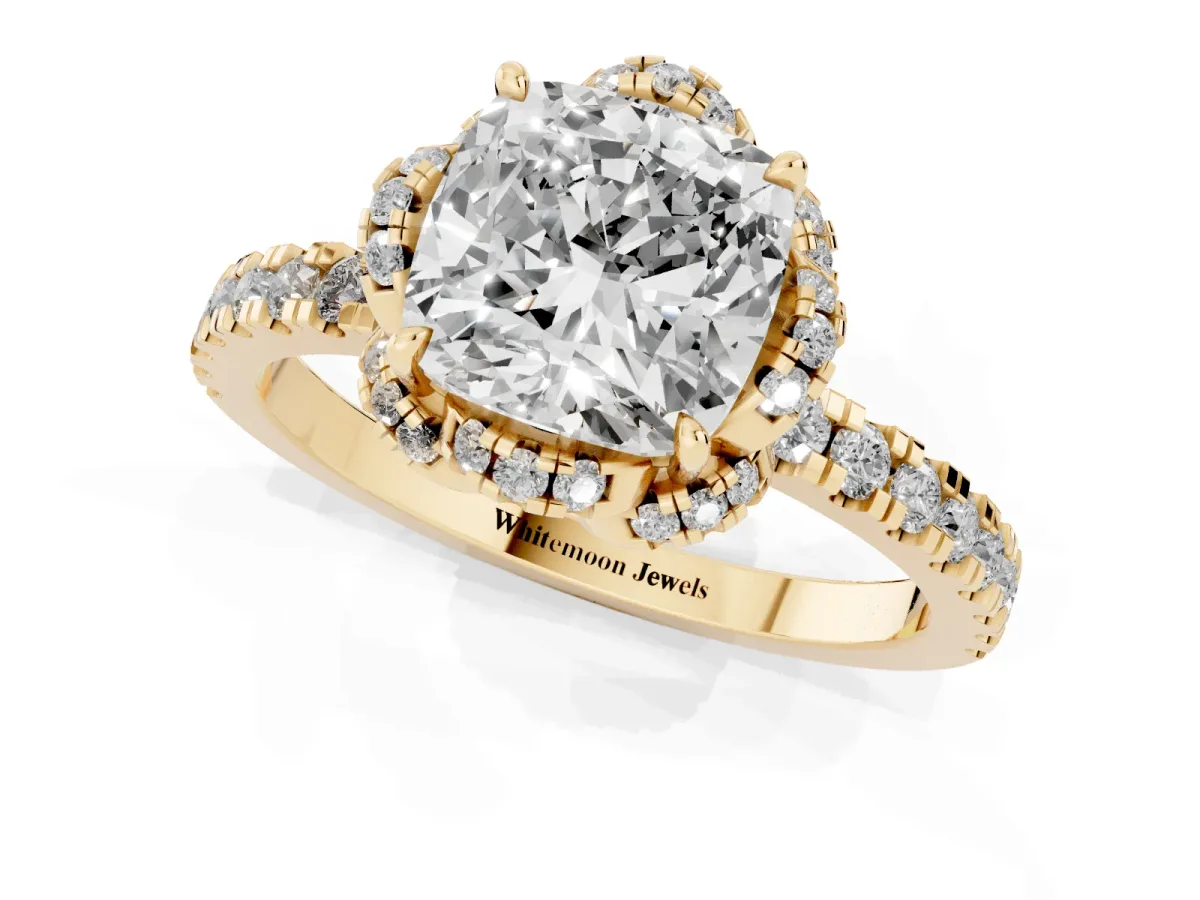 Cushion Cut Halo Diamond Pave Band Ring with Four-Prong Setting Yellow gold