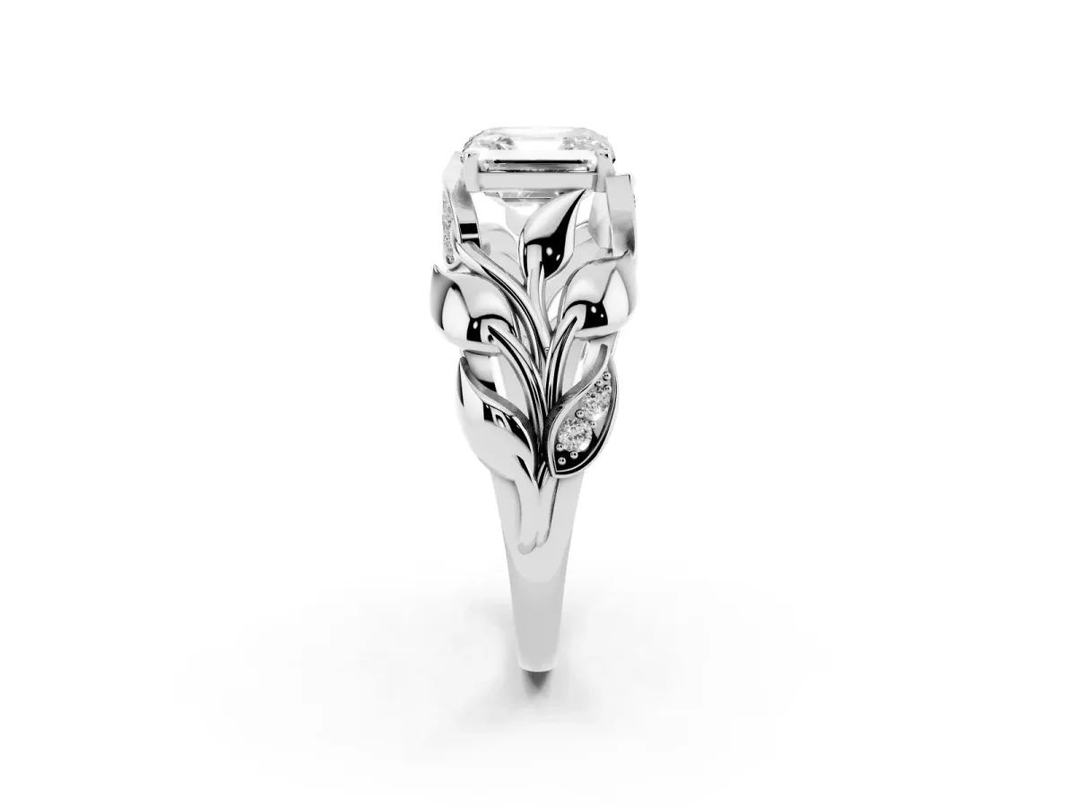 Asscher Cut Diamond Leaf-Inspired Engagement Ring with Round Accents and Prong Setting Silver