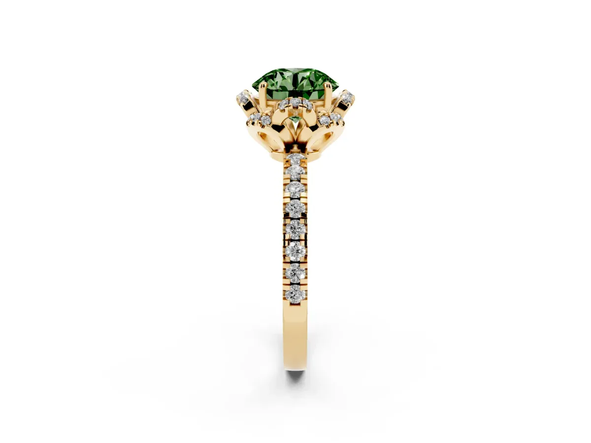 Fancy Green Round Cut Diamond Halo Pave Band with Four-Prong Setting Yellow gold