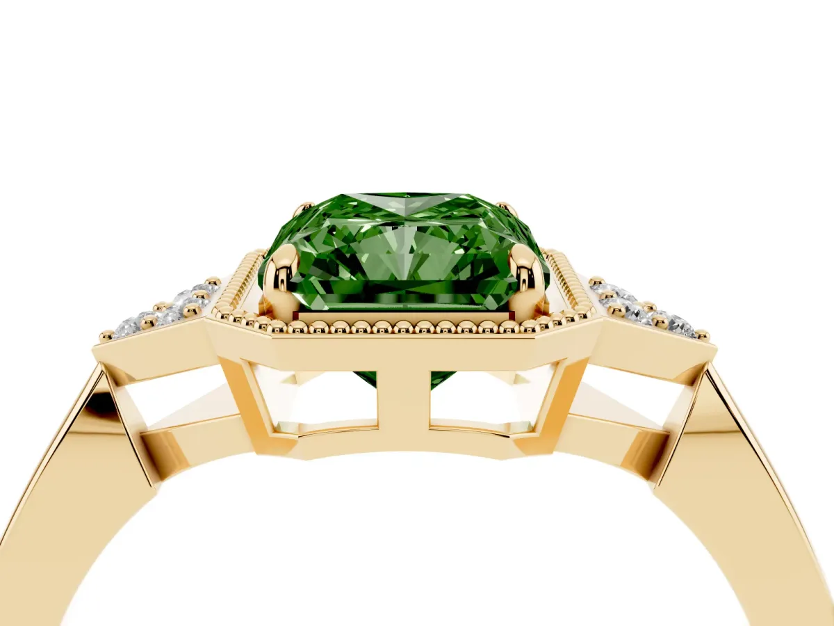 Fancy Green Radiant Cut Diamond Halo Ring with Tapered Band and Four-Prong Setting Yellow gold