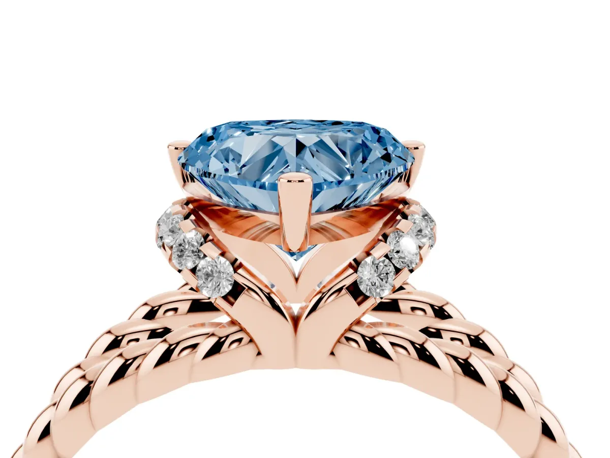 Fancy Blue Heart Cut Halo Twisted Band Four-Prong Ring Rose gold