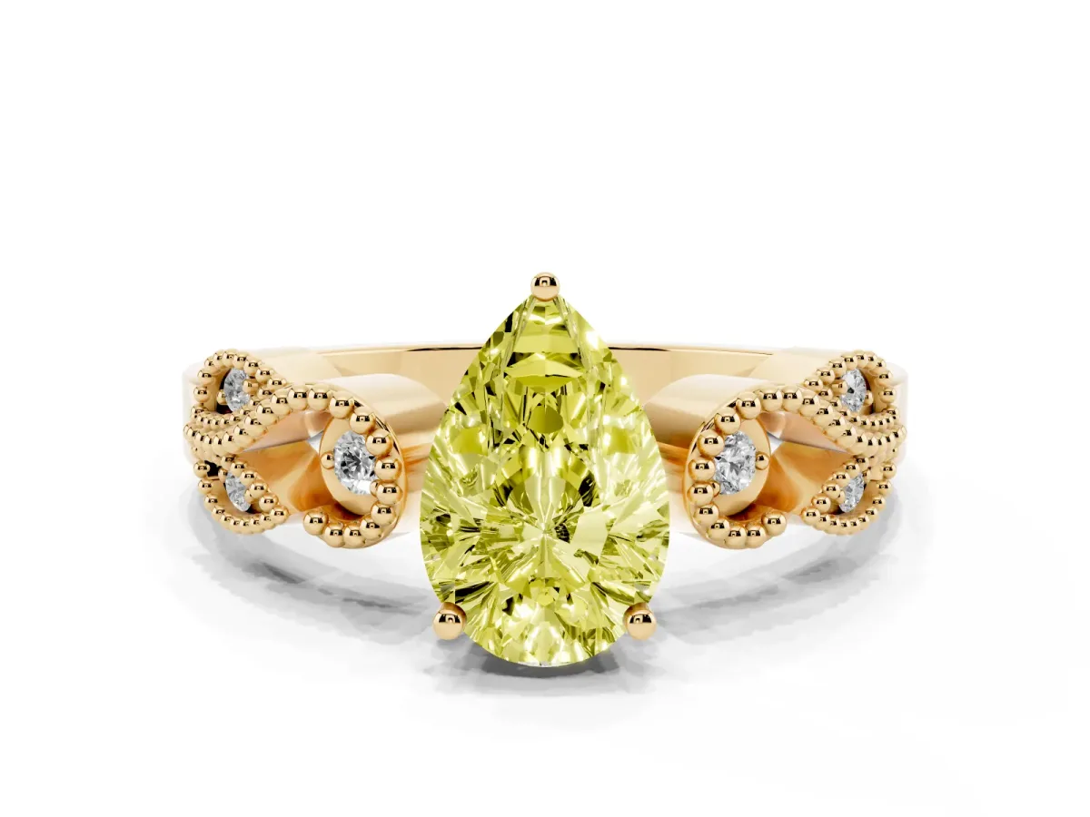 Fancy Yellow Pear Cut Solitaire Milgrain Leaf Band with Prong Setting Yellow gold