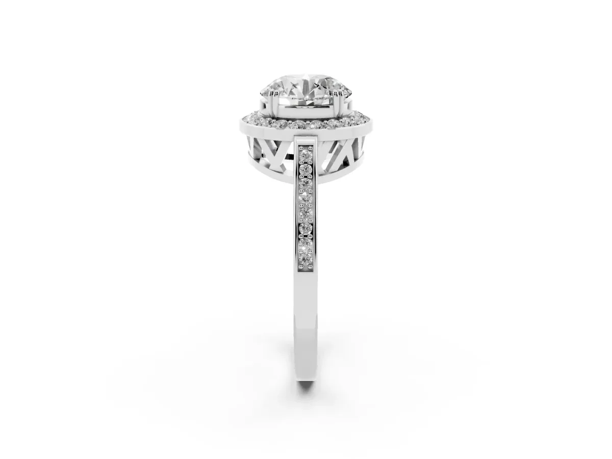 Round Cut Diamond Halo Ring with Split Shank and Four-Prong Setting Silver