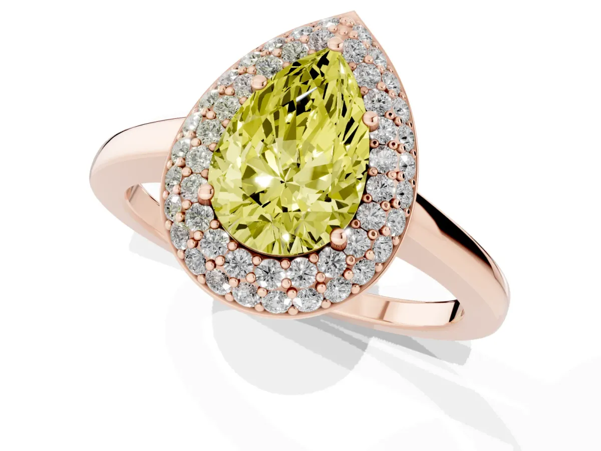 Fancy Yellow Pear Cut Halo Diamond Engagement Ring with Solitaire Band and Four-Prong Setting Rose gold