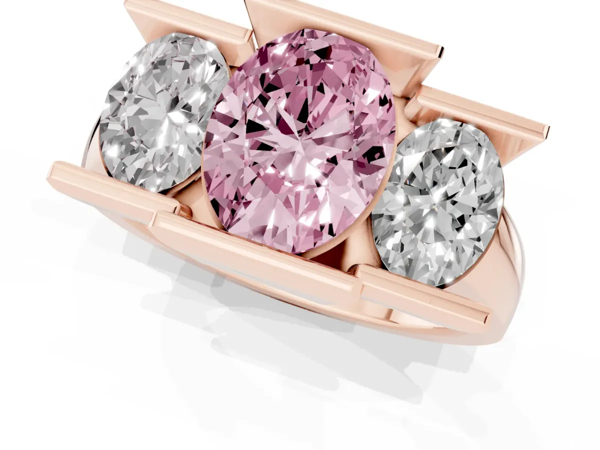 Fancy Pink Three Stone Oval Cut Cut Channel Set Diamond Ring Rose gold
