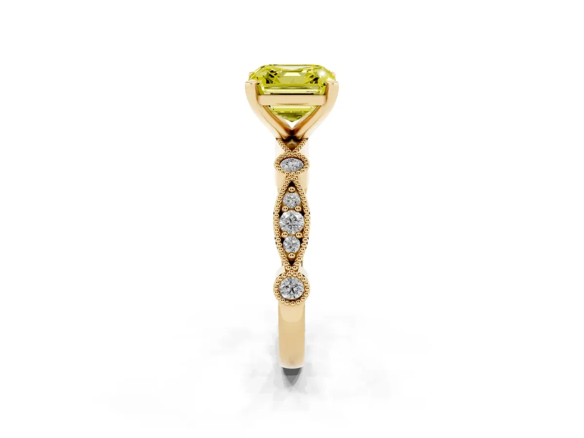 Fancy Yellow Asscher Cut Milgrain Bezel Diamond Engagement Ring with Solitaire Prong Setting Yellow gold
