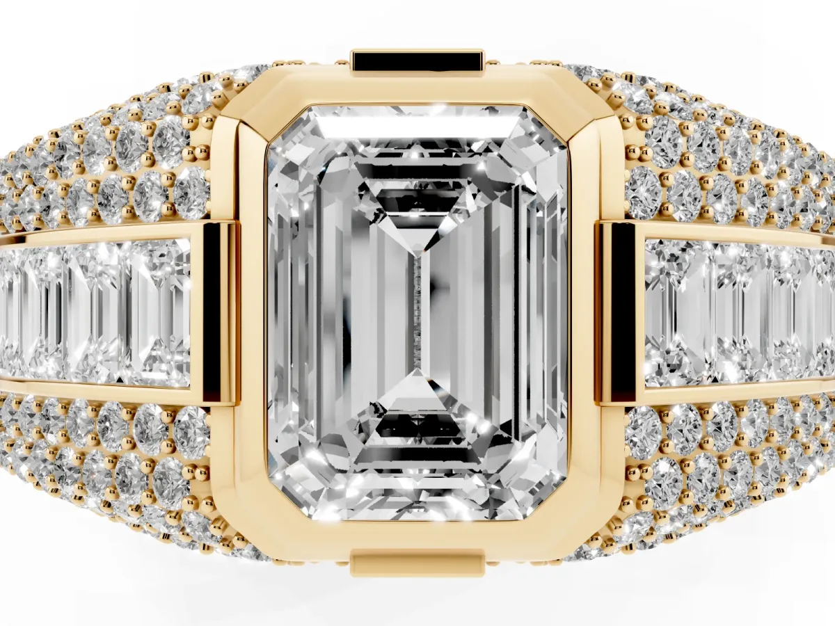 Emerald Cut Diamond Mens Ring with Side Stones Yellow gold