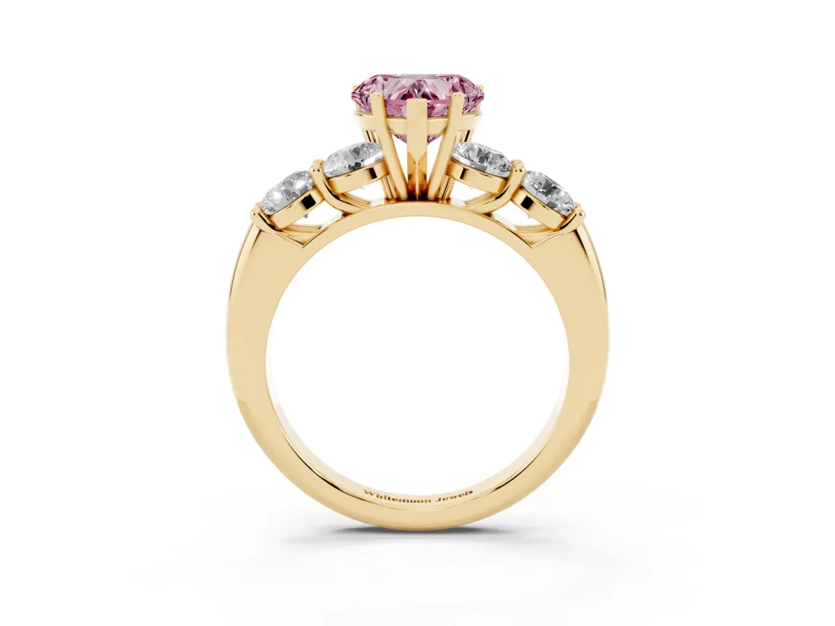Fancy Pink Heart Cut Cut Five-Stone Prong Set Diamond Ring with Classic Band Yellow gold