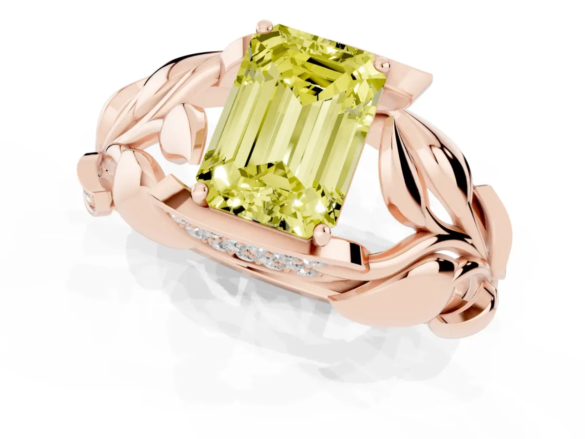 Fancy Yellow Emerald Cut Diamond Leaf-Inspired Engagement Ring with Round Accents and Prong Setting Rose gold