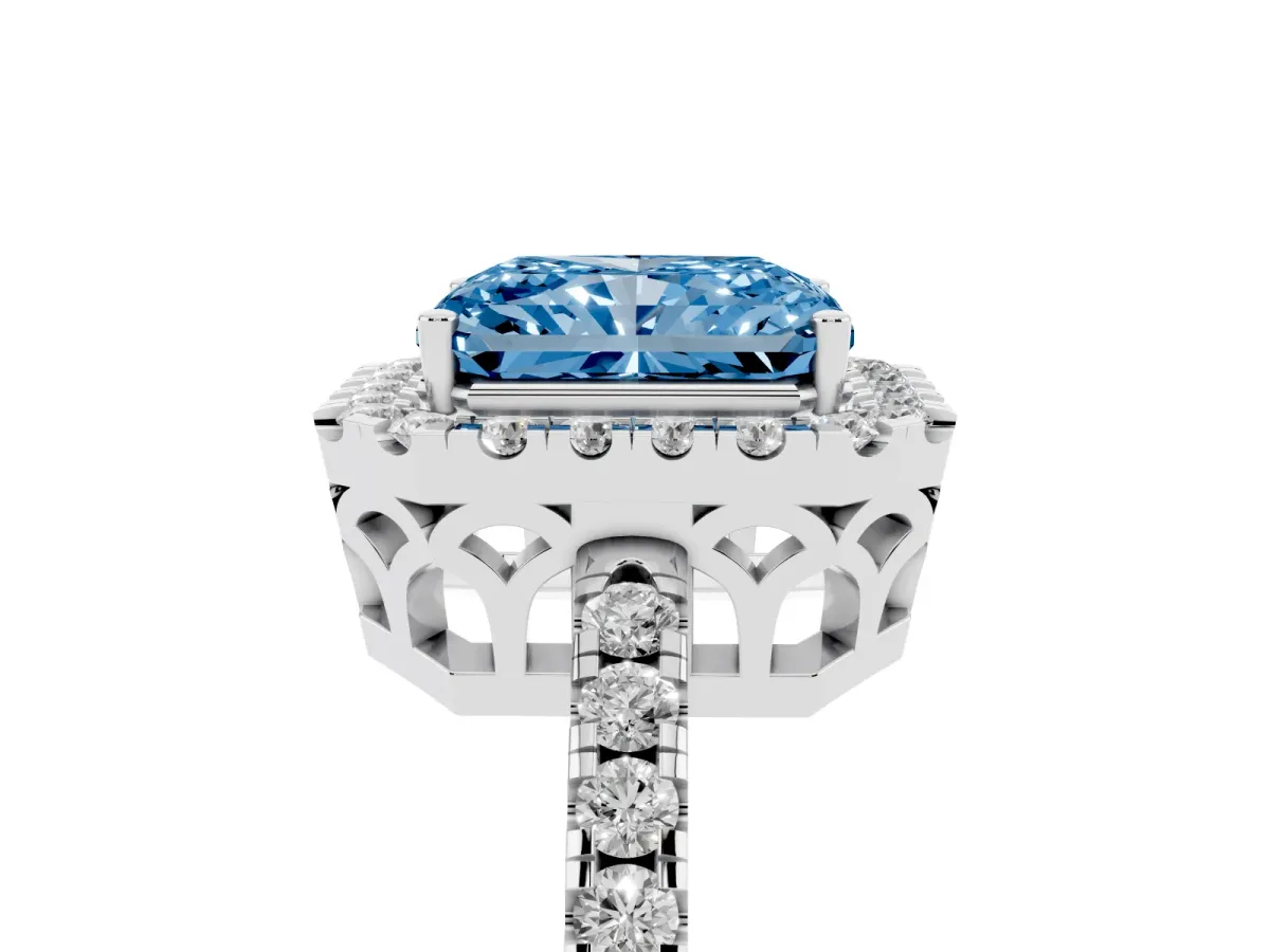 Fancy Blue Radiant Cut Halo Diamond Engagement Ring with Pavé Band and Four-Prong Setting Silver