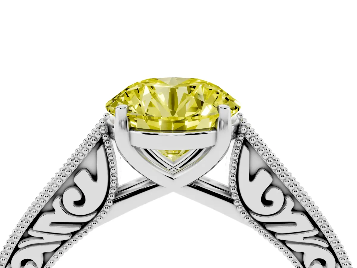 Fancy Yellow Round Cut Cut Pave Band Milgrain Solitaire Ring White gold