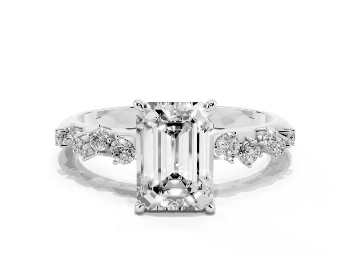 Emerald Cut Diamond Cluster Side Stone Solitaire Ring with Prong Setting Platinum