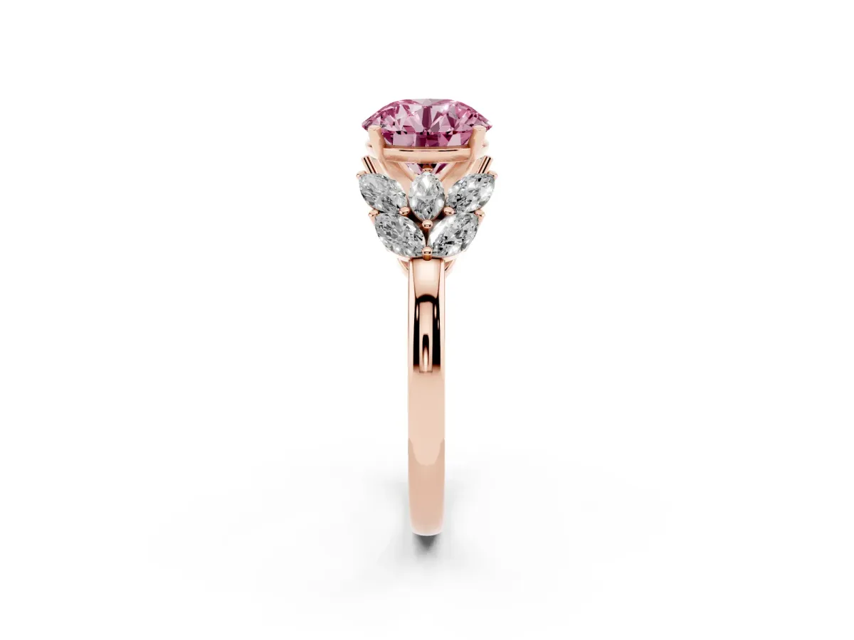 Fancy Pink Round Cut Diamond Cluster Leaf Design Ring with Prong Setting Rose gold