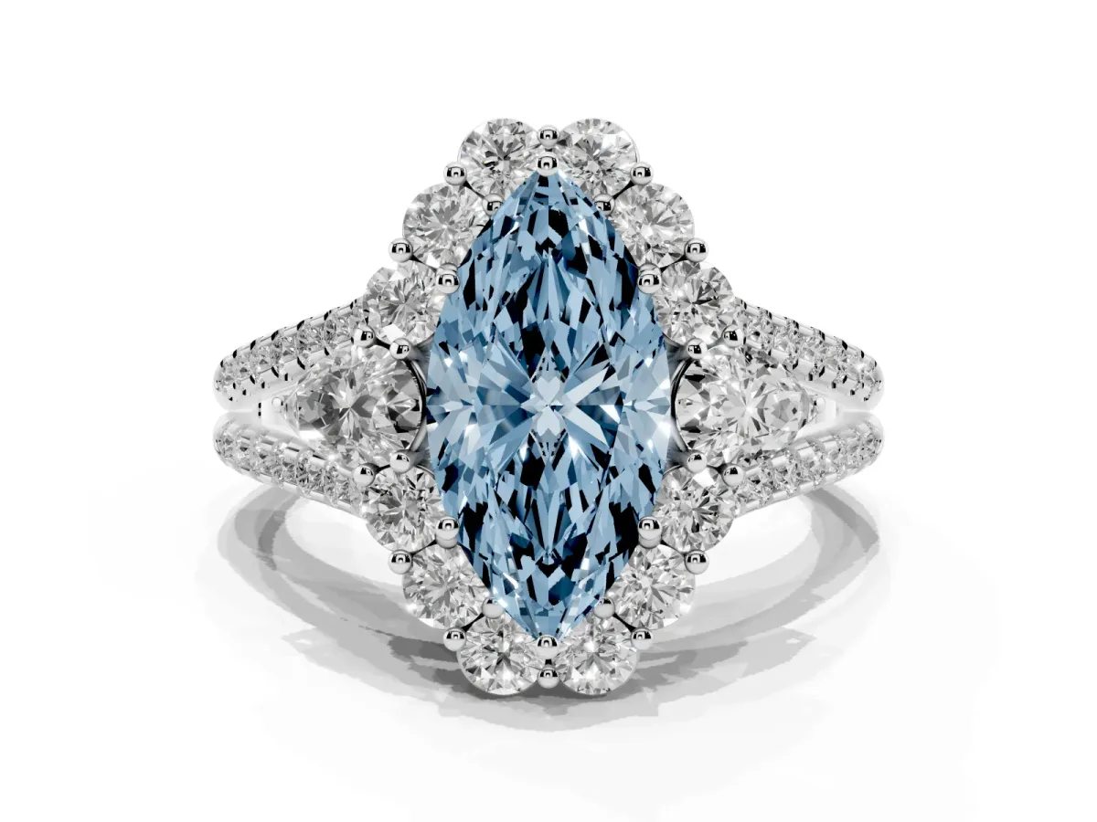 Fancy Blue Marquise Cut Halo Split Shank Diamond Engagement Ring with Prong Setting Silver
