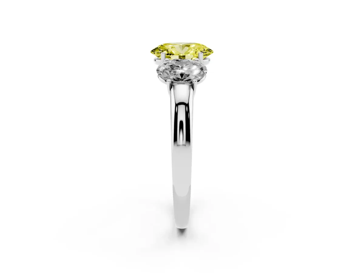 Fancy Yellow Oval Cut Diamond Three-Stone Ring with Four-Prong Setting and Classic Band Silver