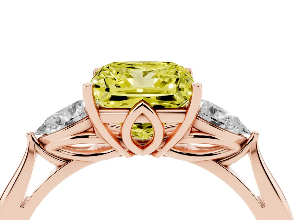 Fancy Yellow Princess Cut Diamond Three-Stone Ring with Pear Side Stones and Prong Setting Rose gold