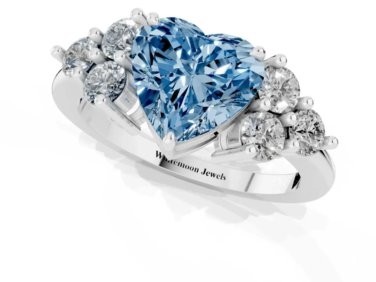 Fancy Blue Heart Cut Brilliant Diamond Cluster Accent Solitaire Ring with Prong Setting Platinum