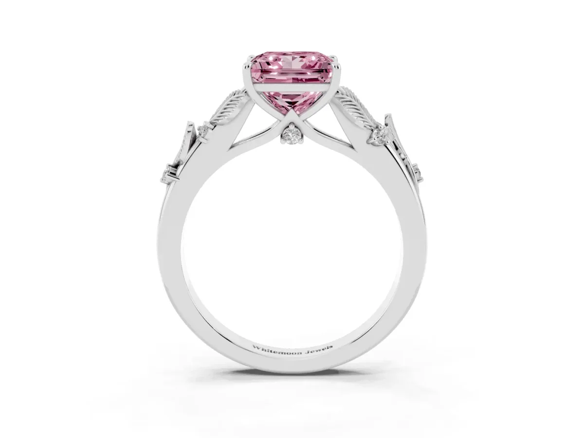 Fancy Pink Princess Cut Diamond Solitaire Ring with Leaf Motif Band and Four-Prong Setting Platinum