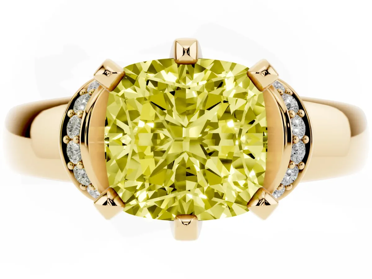 Fancy Yellow Cushion Cut Solitaire Diamond Ring with Pave Band and Six-Prong Setting Yellow gold