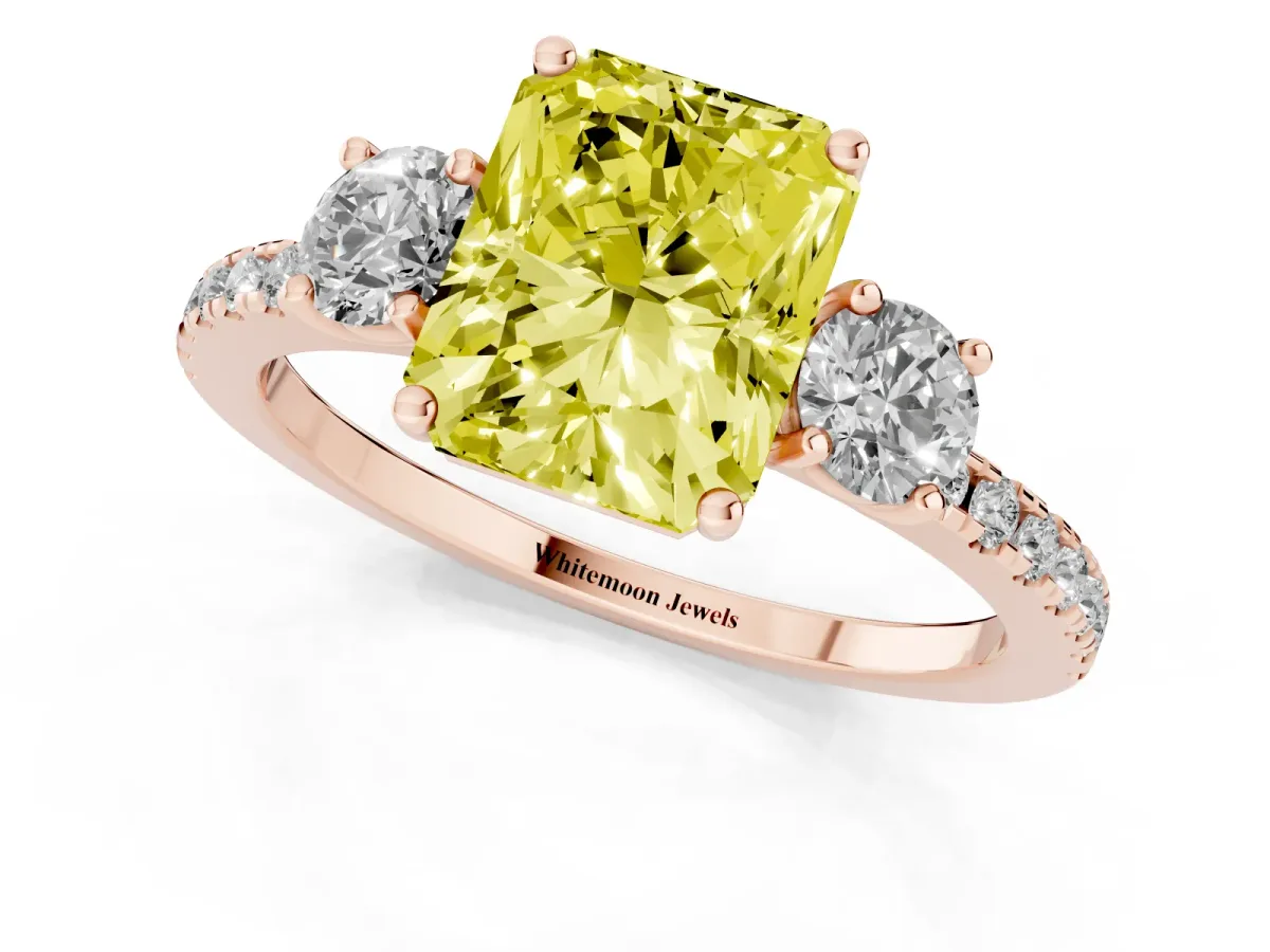 Fancy Yellow Three-Stone Radiant Cut Cut Diamond Pavé Band with Prong Setting Rose gold