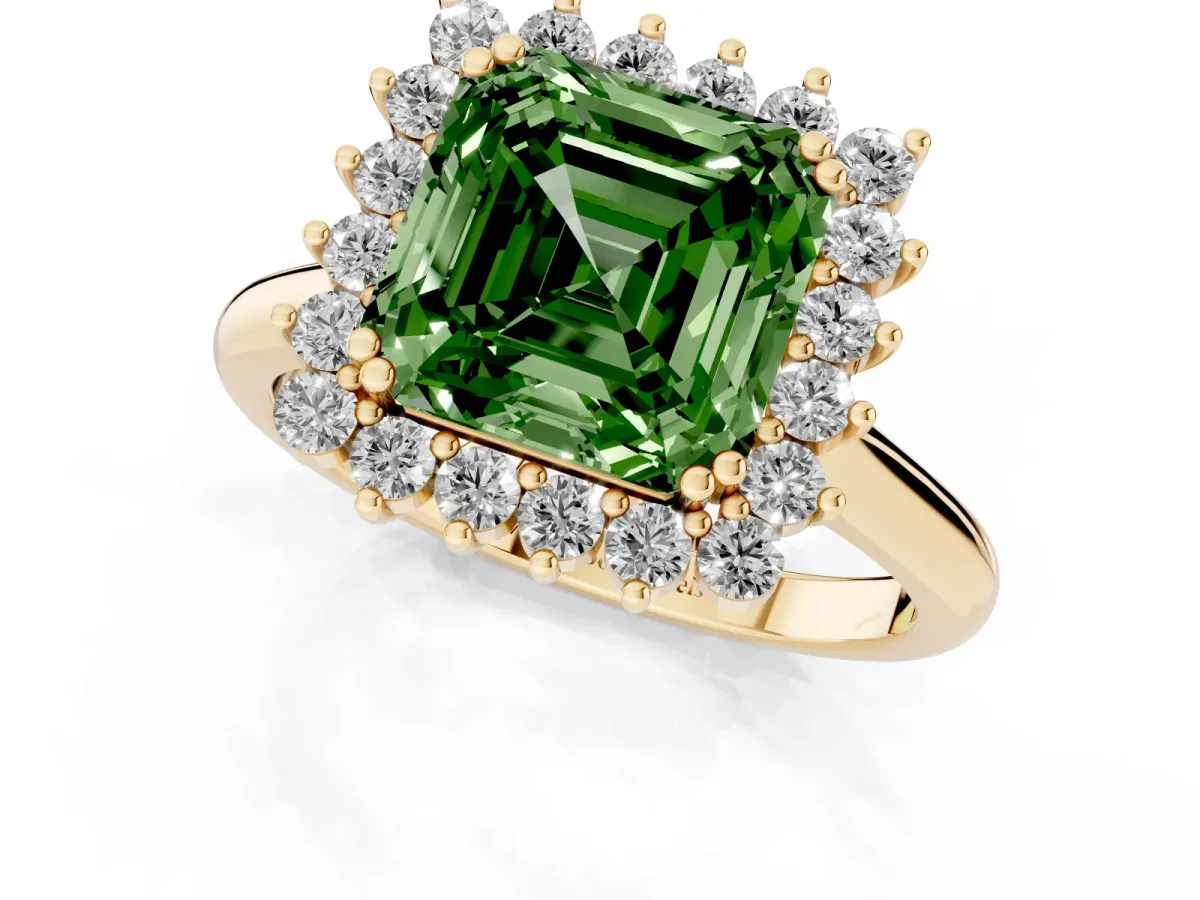 Fancy Green Asscher Cut Cut Diamond Halo Ring with Solitaire Band and Prong Setting Yellow gold
