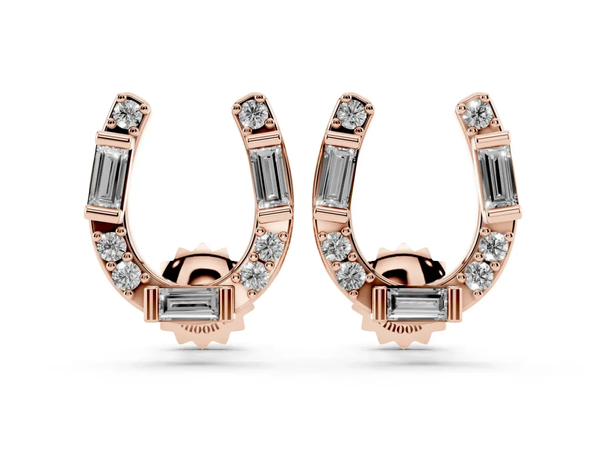 Baguette and Round Diamond Horseshoe Stud Earrings Rose gold