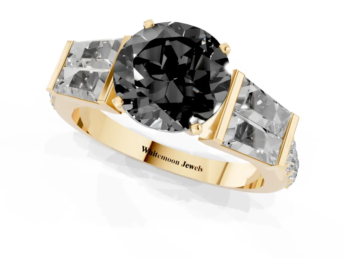 Fancy Black Round Cut Diamond Engagement Ring with Baguette Side Stones and Channel Set Band Yellow gold