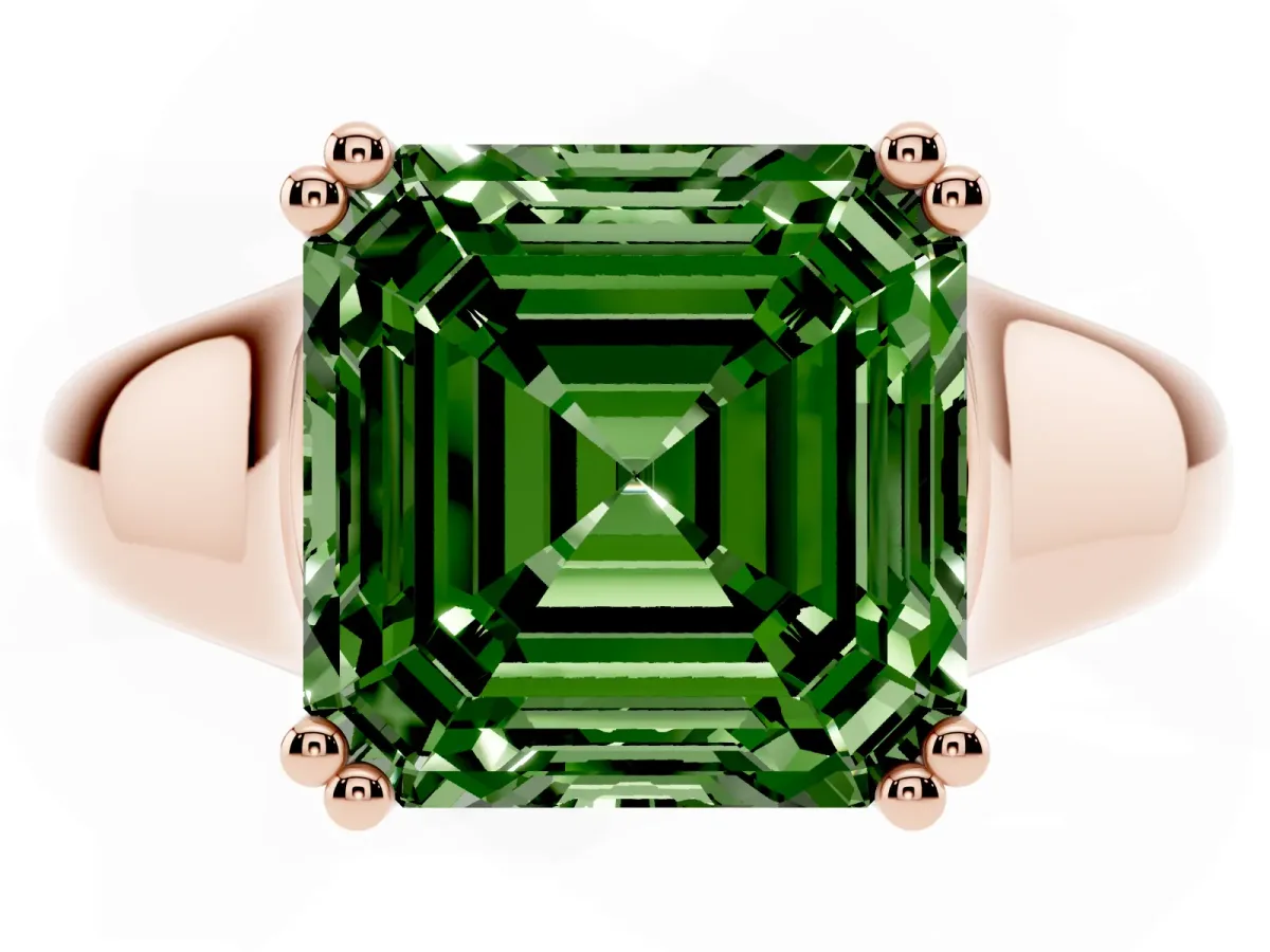 Fancy Green Asscher Cut Diamond Solitaire Ring with Wide Band and Prong Setting Rose gold