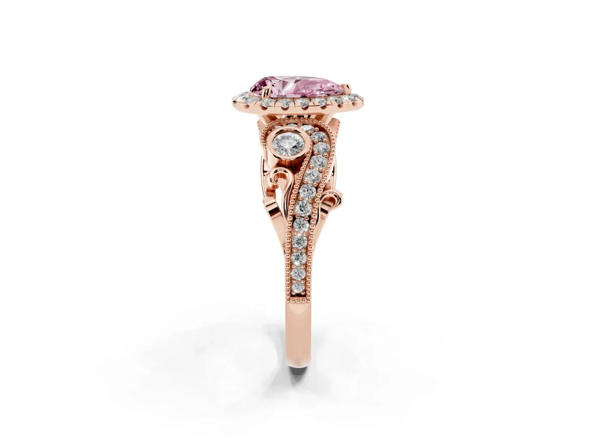 Fancy Pink Pear Cut Halo Diamond Ring with Milgrain and Bezel Accents on a Split Shank Band Rose gold