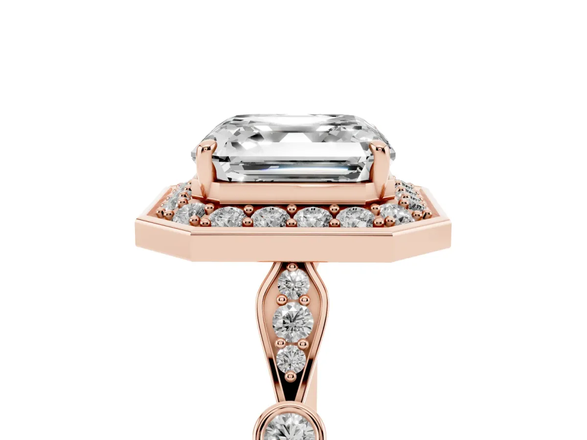 Asscher Cut Halo Diamond Engagement Ring with Twisted Band and Four-Prong Setting Rose gold