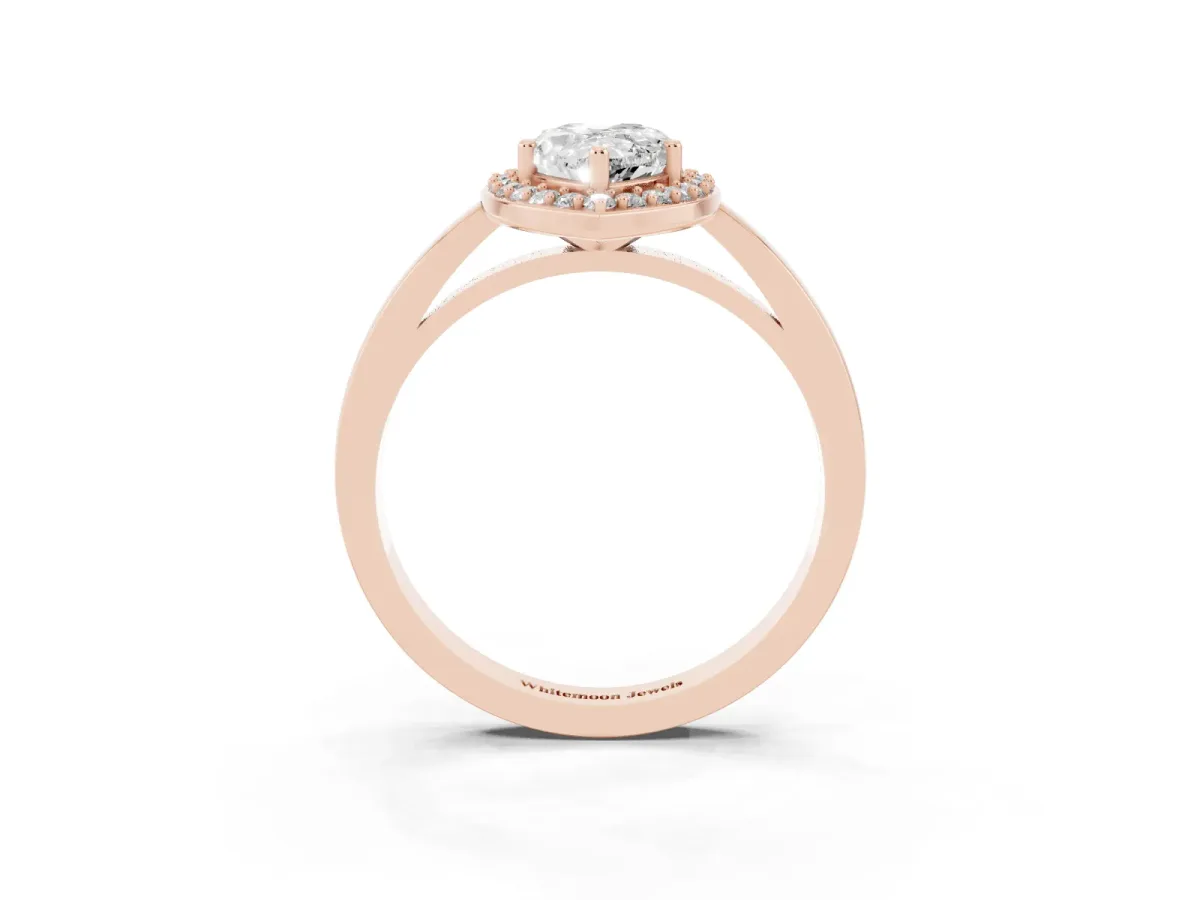 Pear Cut Halo Diamond Ring with Solitaire Band and Prong Setting Rose gold