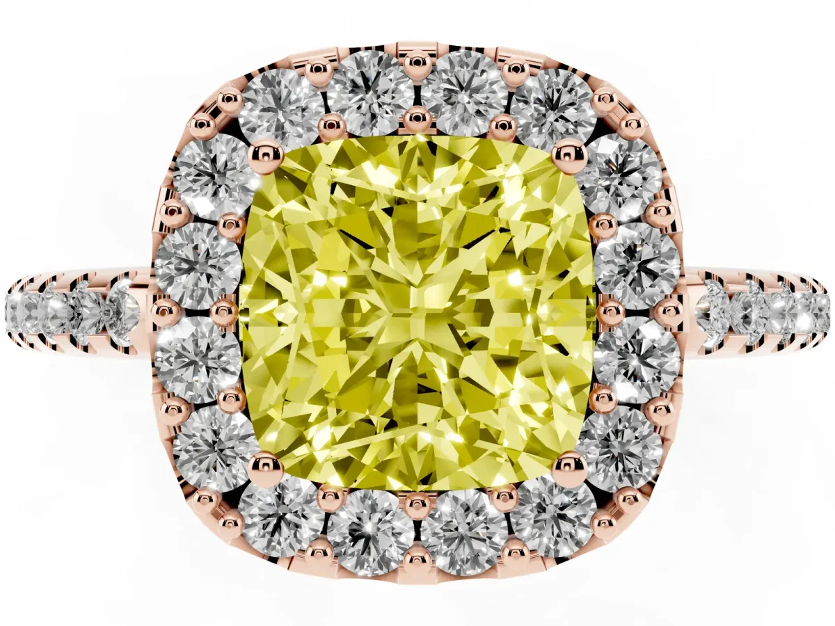 Fancy Yellow Cushion Cut Diamond Pavé Halo Ring with Four-Prong Setting Rose gold