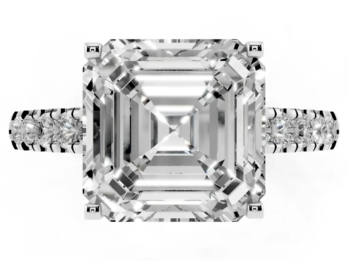 Asscher Cut Diamond Pavé Band Solitaire Ring with Prong Setting Silver