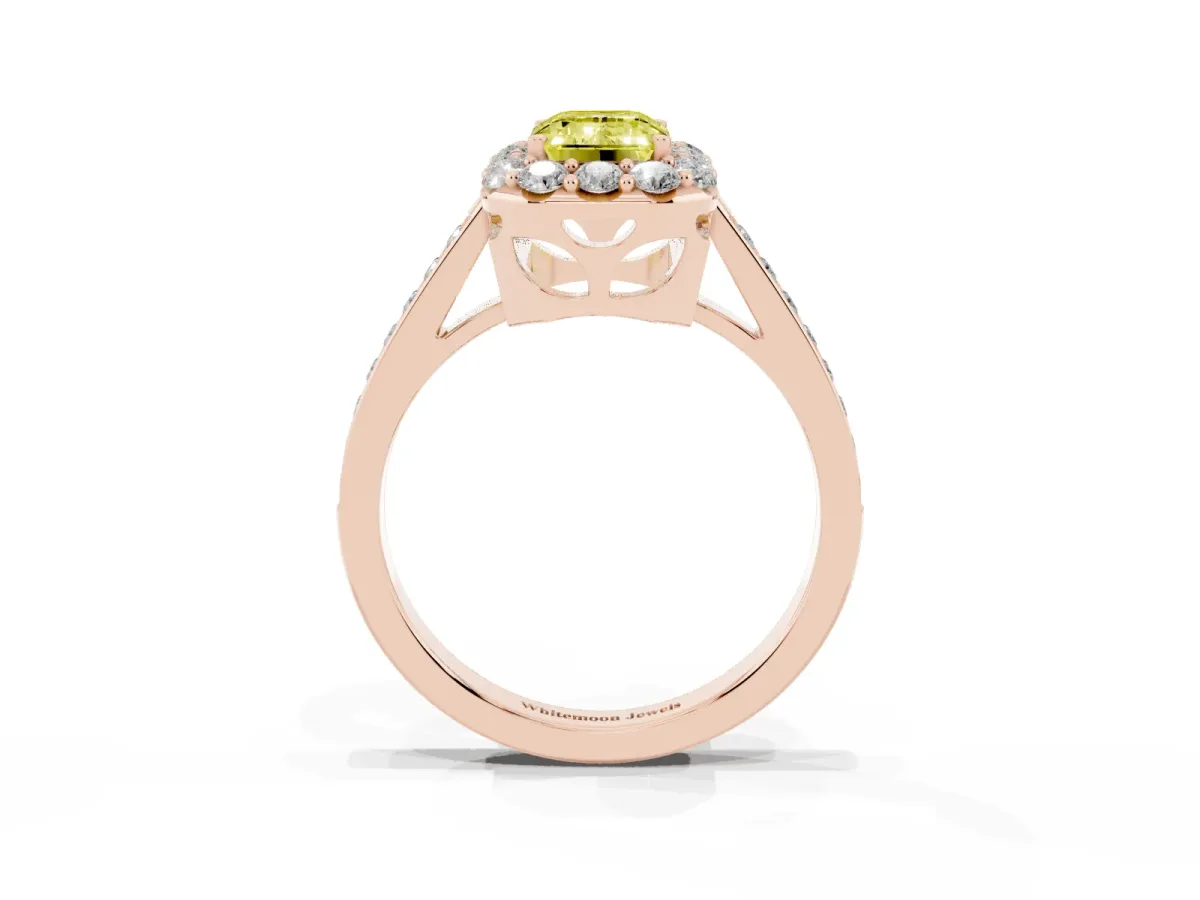 Fancy Yellow Emerald Cut Diamond Floral Halo Ring with Pavé Band and Prong Setting Rose gold
