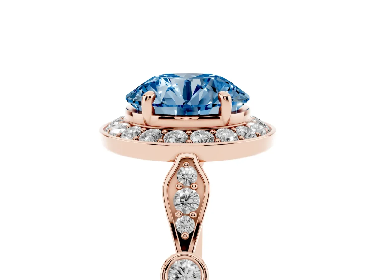 Fancy Blue Round Cut Halo Diamond Engagement Ring with Twisted Band and Four-Prong Setting Rose gold