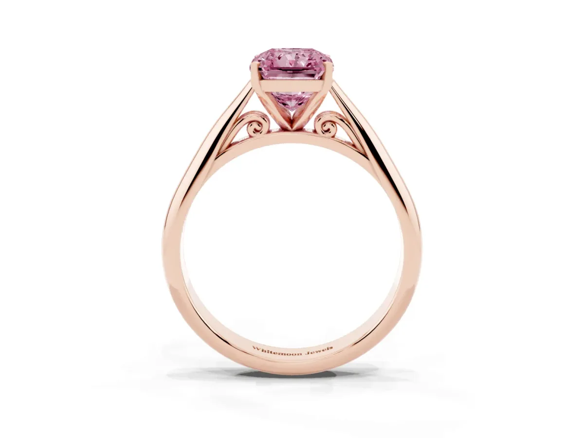 Fancy Pink Radiant Cut Diamond Solitaire Engagement Ring with Cathedral Setting and Four-Prong Mount Rose gold