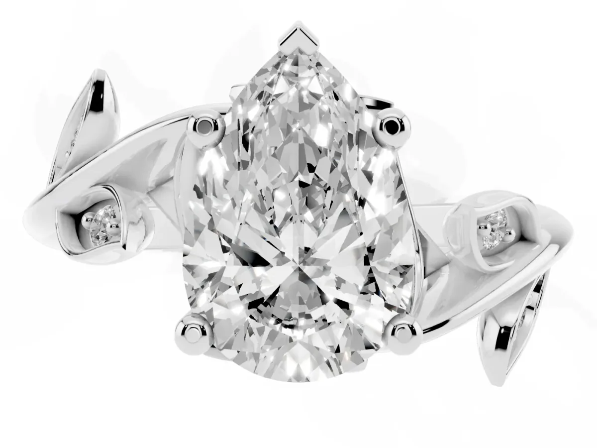 Pear Cut Solitaire Twist Engagement Ring with Leaf Accents and Prong Setting Silver