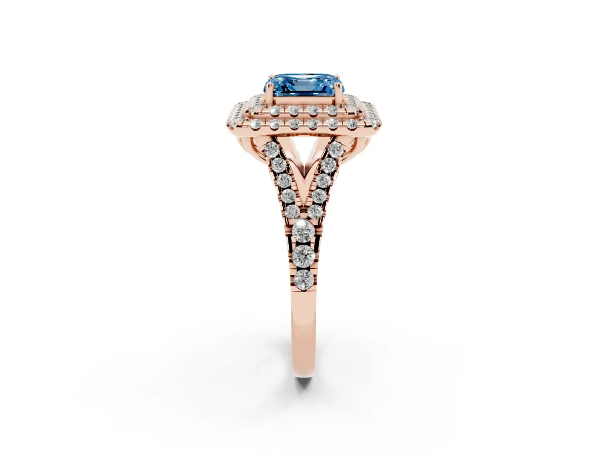 Fancy Blue Double Halo Asscher Cut Diamond Pavé Split Shank Ring with Prong Setting Rose gold