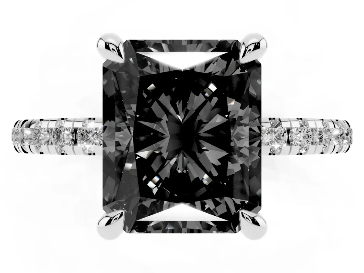 Fancy Black Radiant Cut Diamond Brilliant Solitaire Ring with Pavé Band and Four-Prong Setting Silver